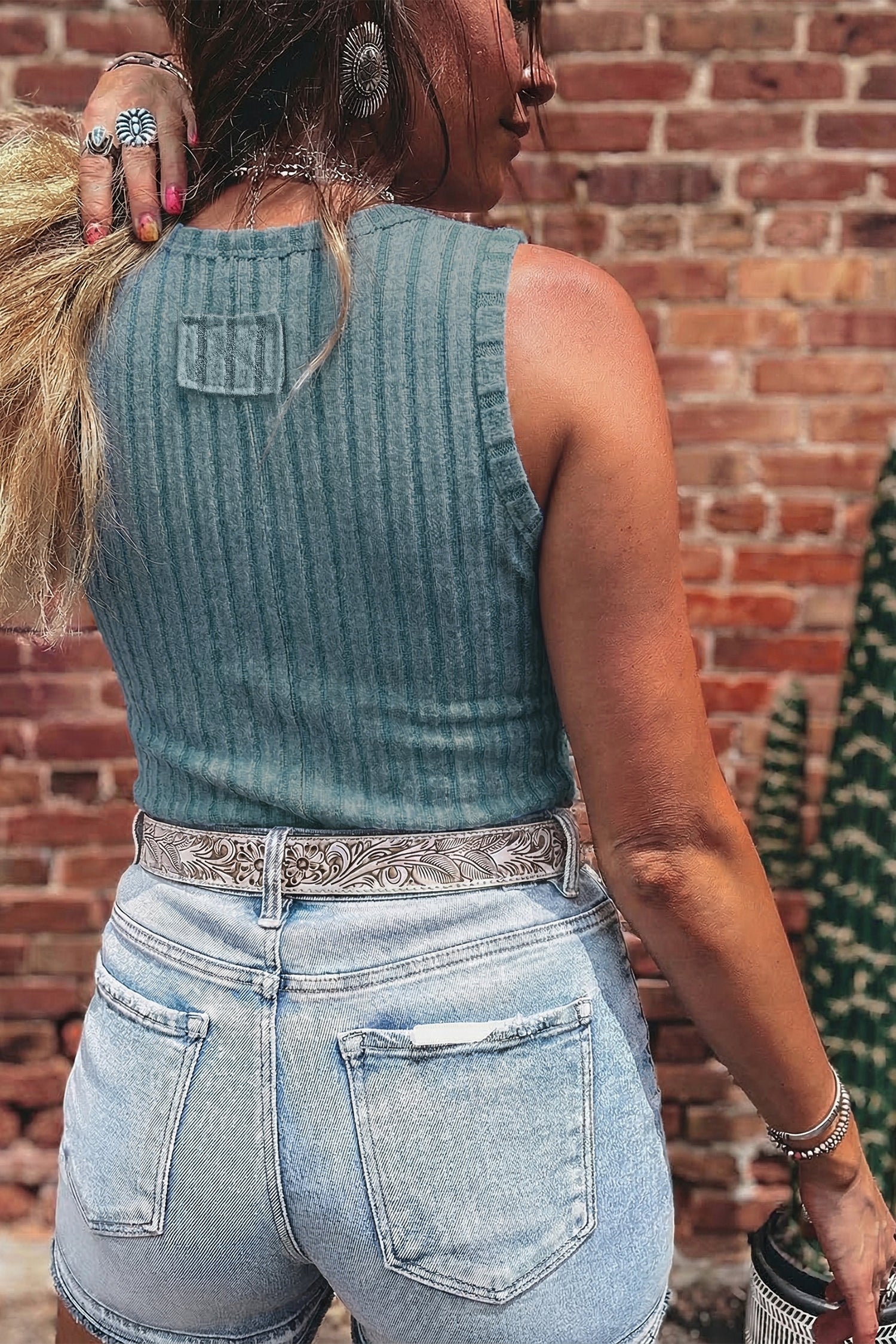 Sea Green Slim Ribbed Mineral Wash Tank Top